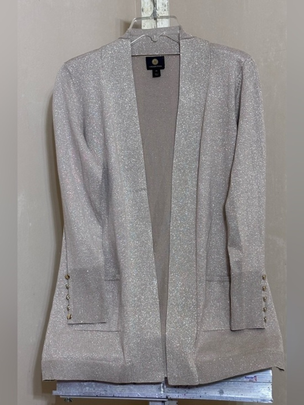 JM Collection Shimmering Champagne GoldOpen Front Cardigan - Button Wrist Detail
